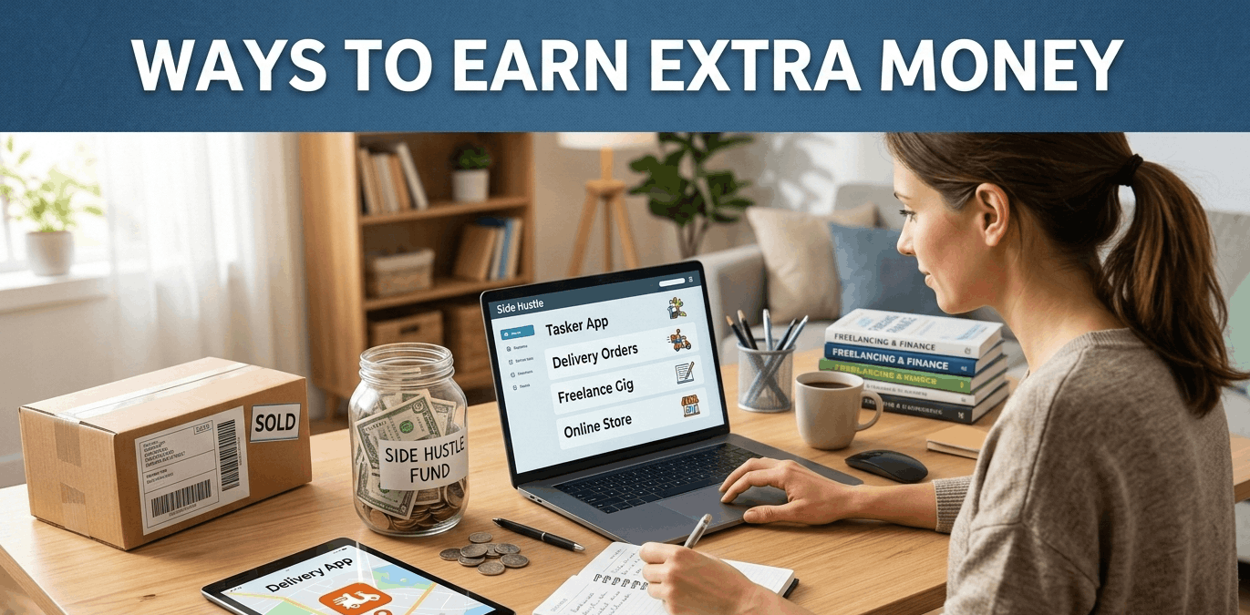 Woman working on laptop and phone with extra money, titled 'Ways to Earn Extra Money.'